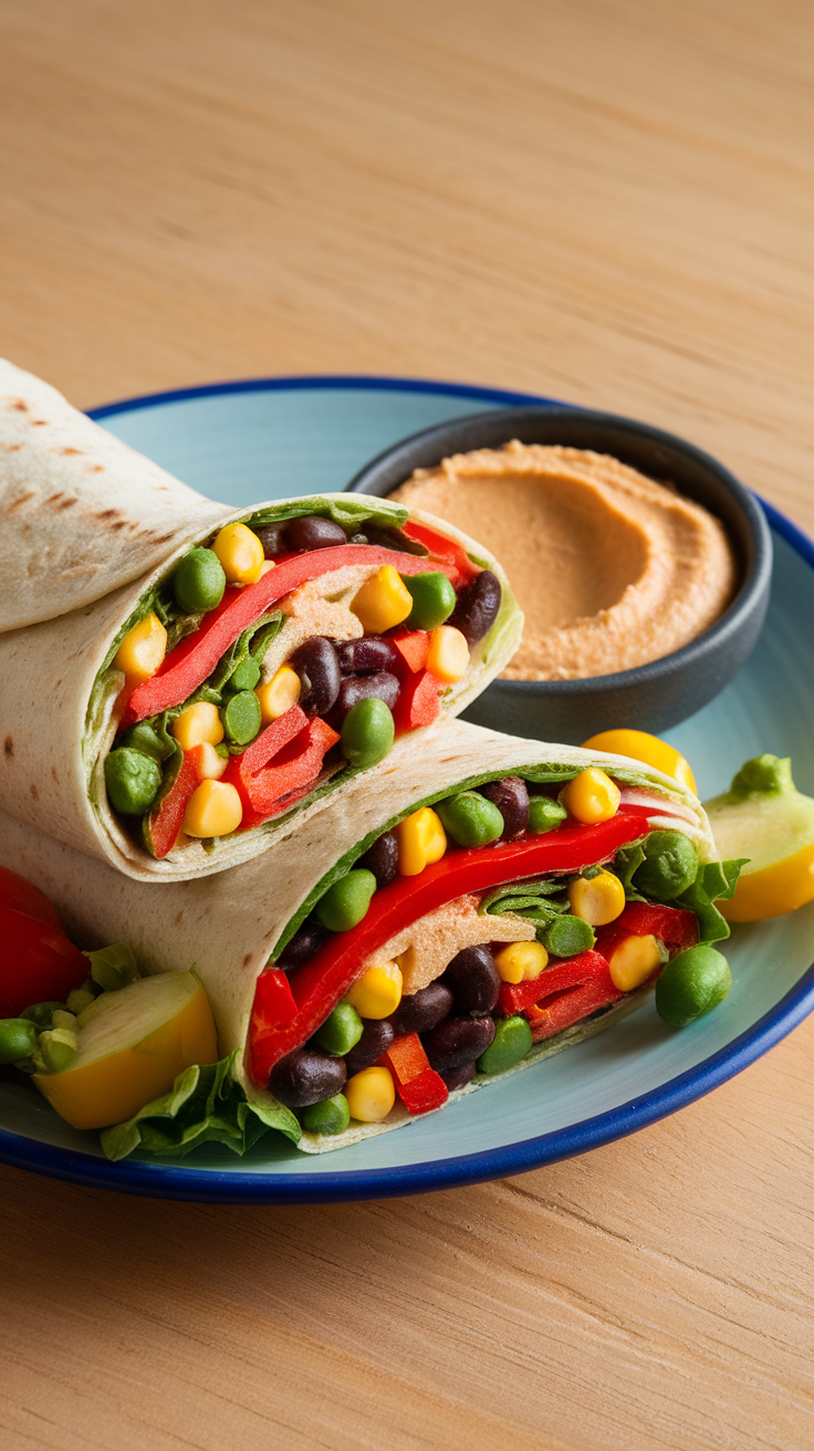 A close-up of colorful veggie wraps with hummus on a blue plate.