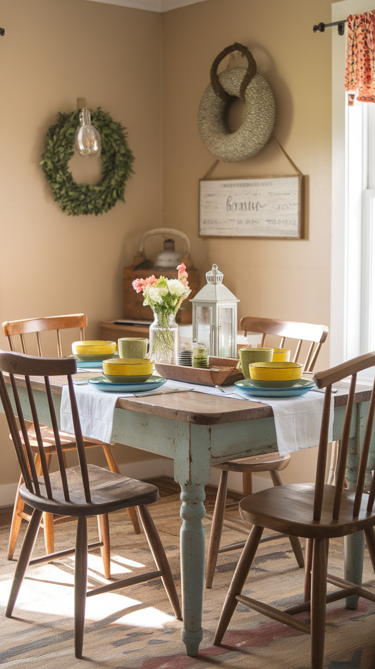 A cozy breakfast nook featuring a vintage table with colorful dishware and rustic decor.