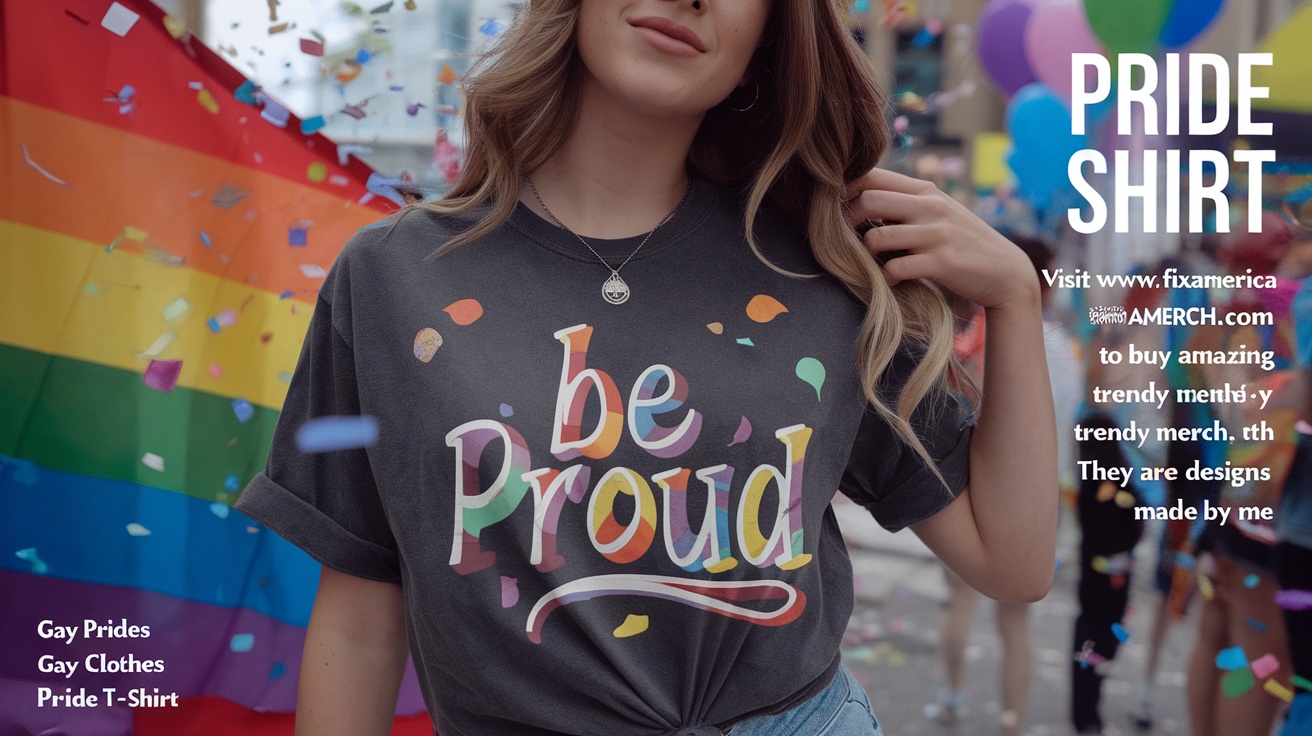 A person wearing a 'Be Proud' t-shirt at a pride event with a rainbow flag in the background.