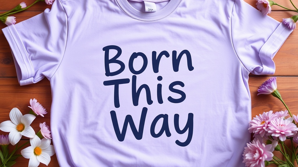 A lavender t-shirt with the words 'Born This Way' printed in dark blue