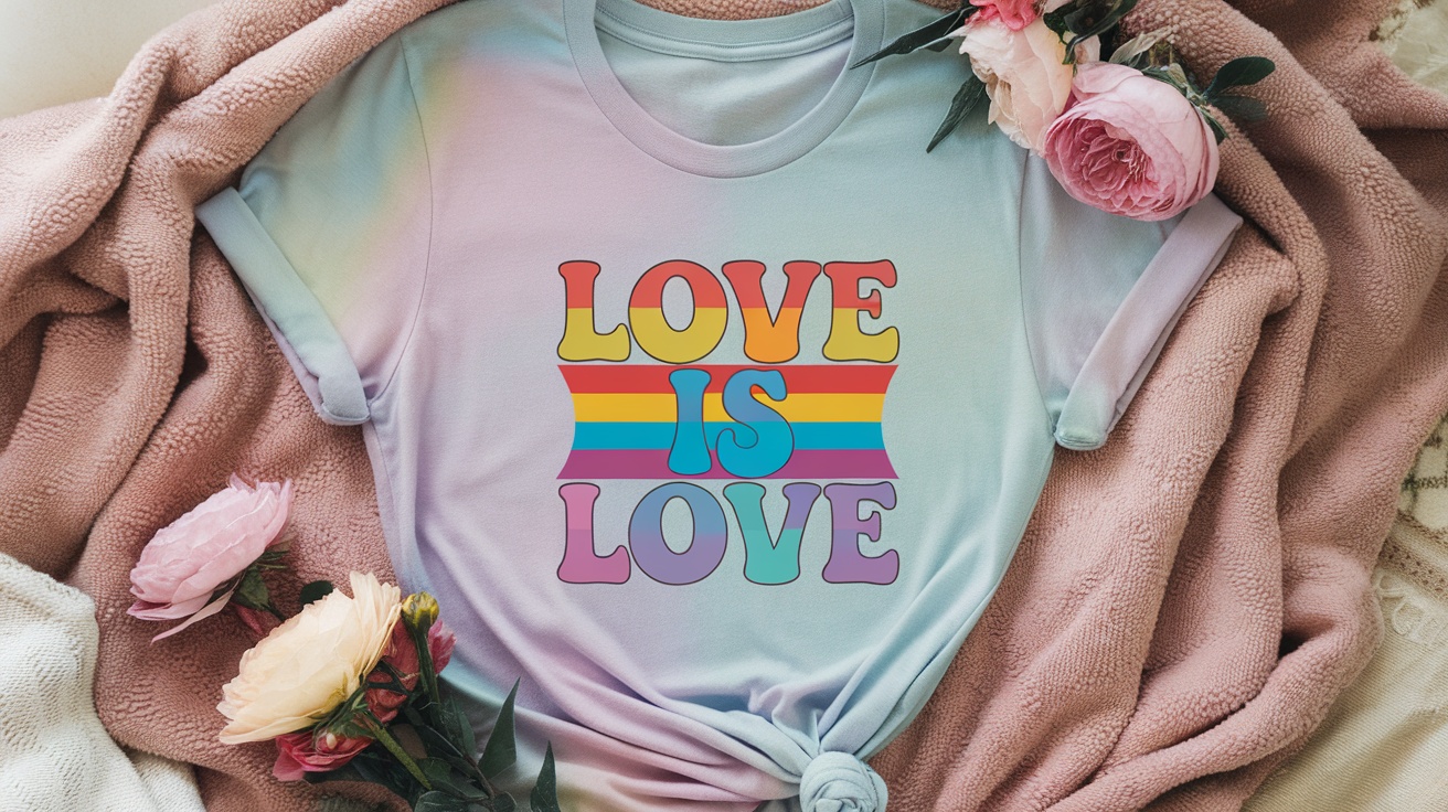A pastel pride t-shirt with the text 'Love Is Love' in vibrant colors.