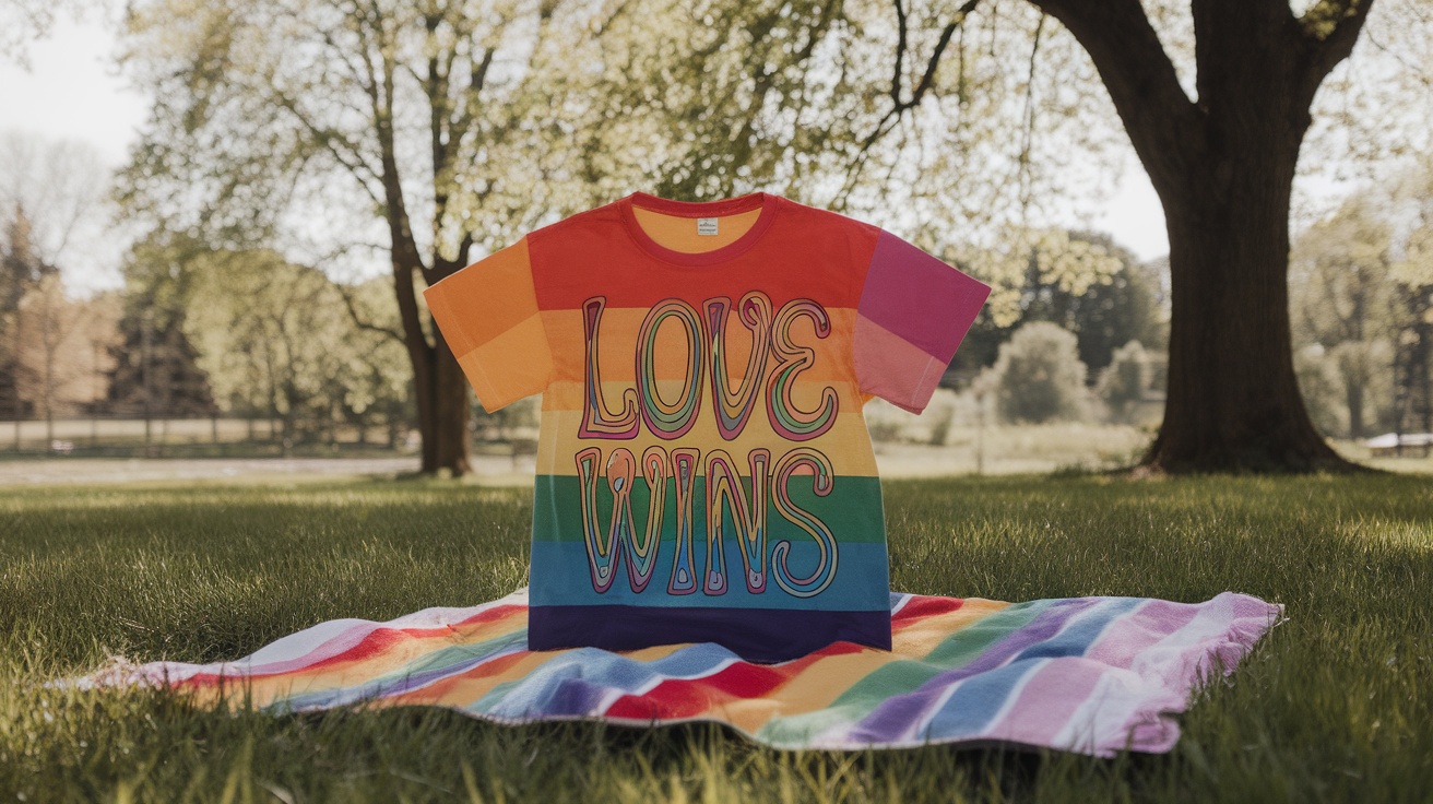 A vibrant Love Wins T-Shirt displayed on a colorful blanket in a grassy field