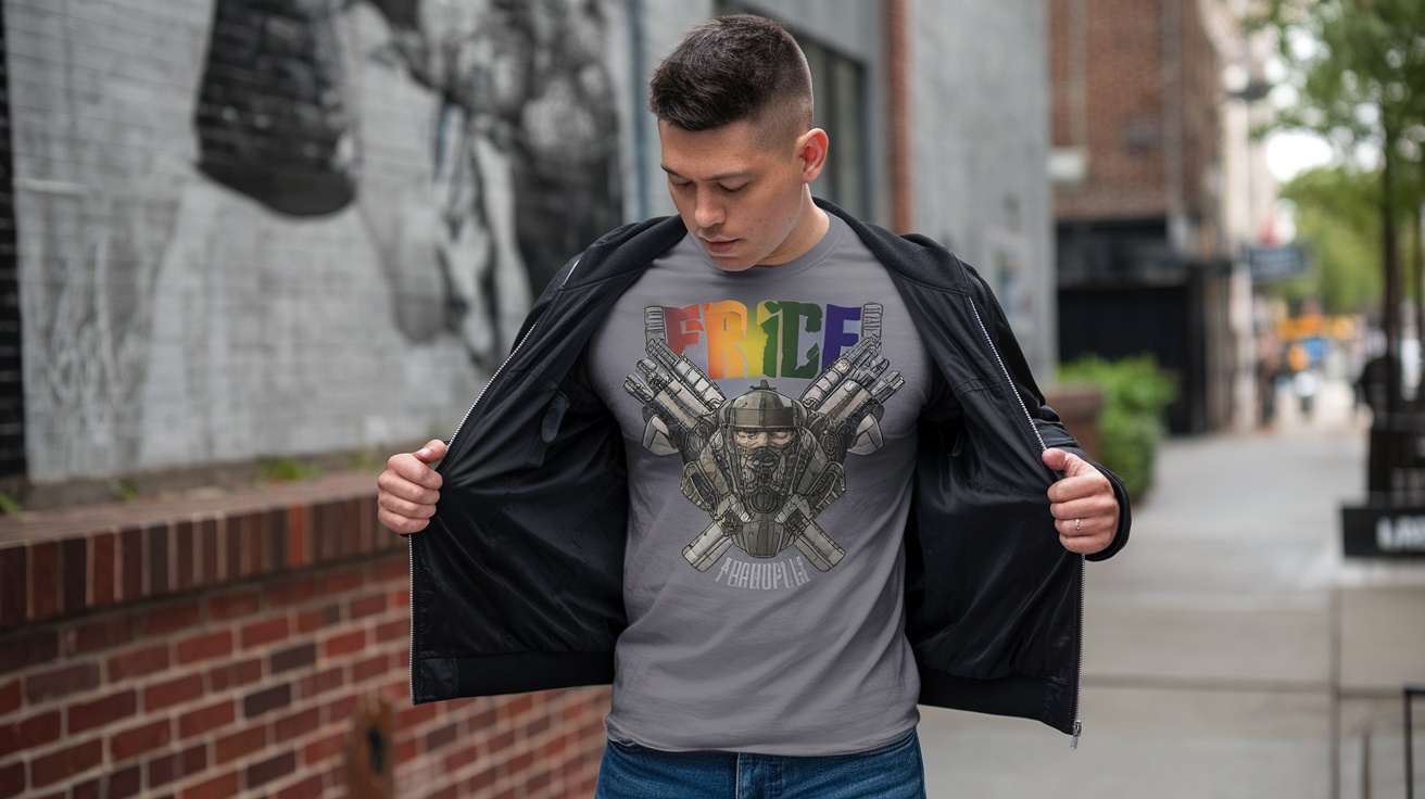 A man proudly wearing a Pride Force T-Shirt in a city setting.