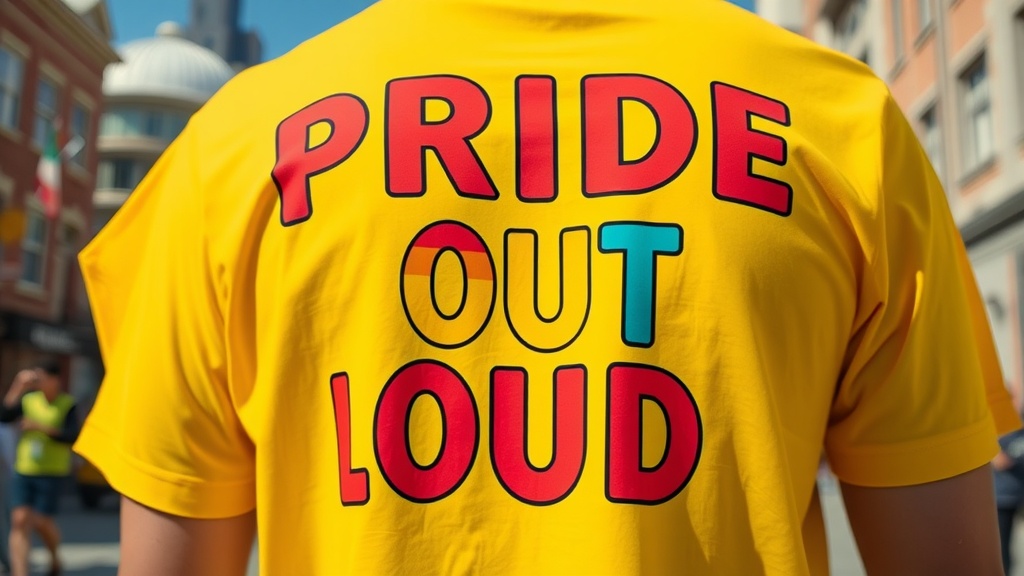 Pride Out Loud T-Shirt in yellow with colorful text