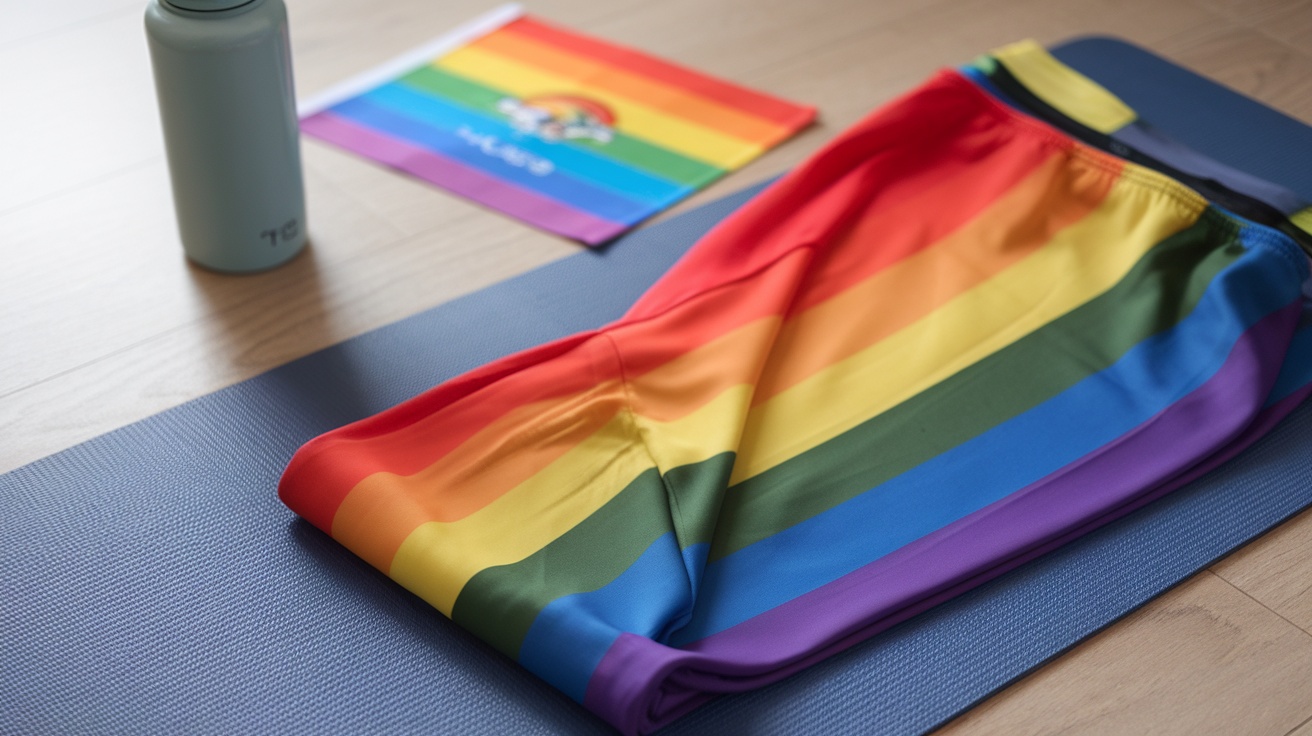 A pair of colorful rainbow leggings laid out on a yoga mat.