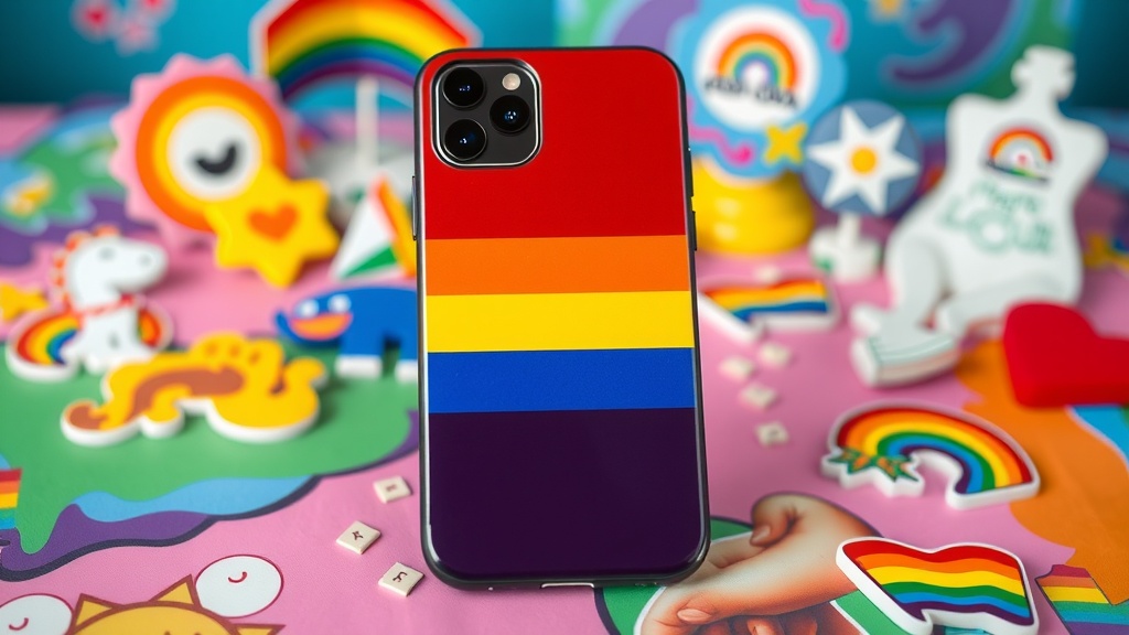 A rainbow phone case on a colorful background with playful decorations.