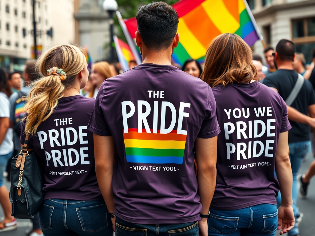 Three individuals wearing matching purple pride t-shirts showcasing colorful pride designs