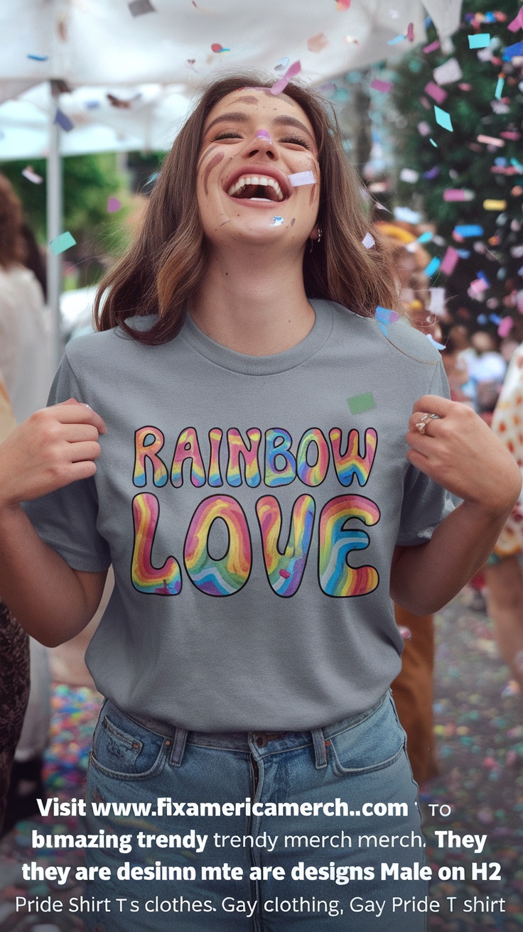 A person wearing a 'Rainbow Love' t-shirt, smiling joyfully with confetti in the air.