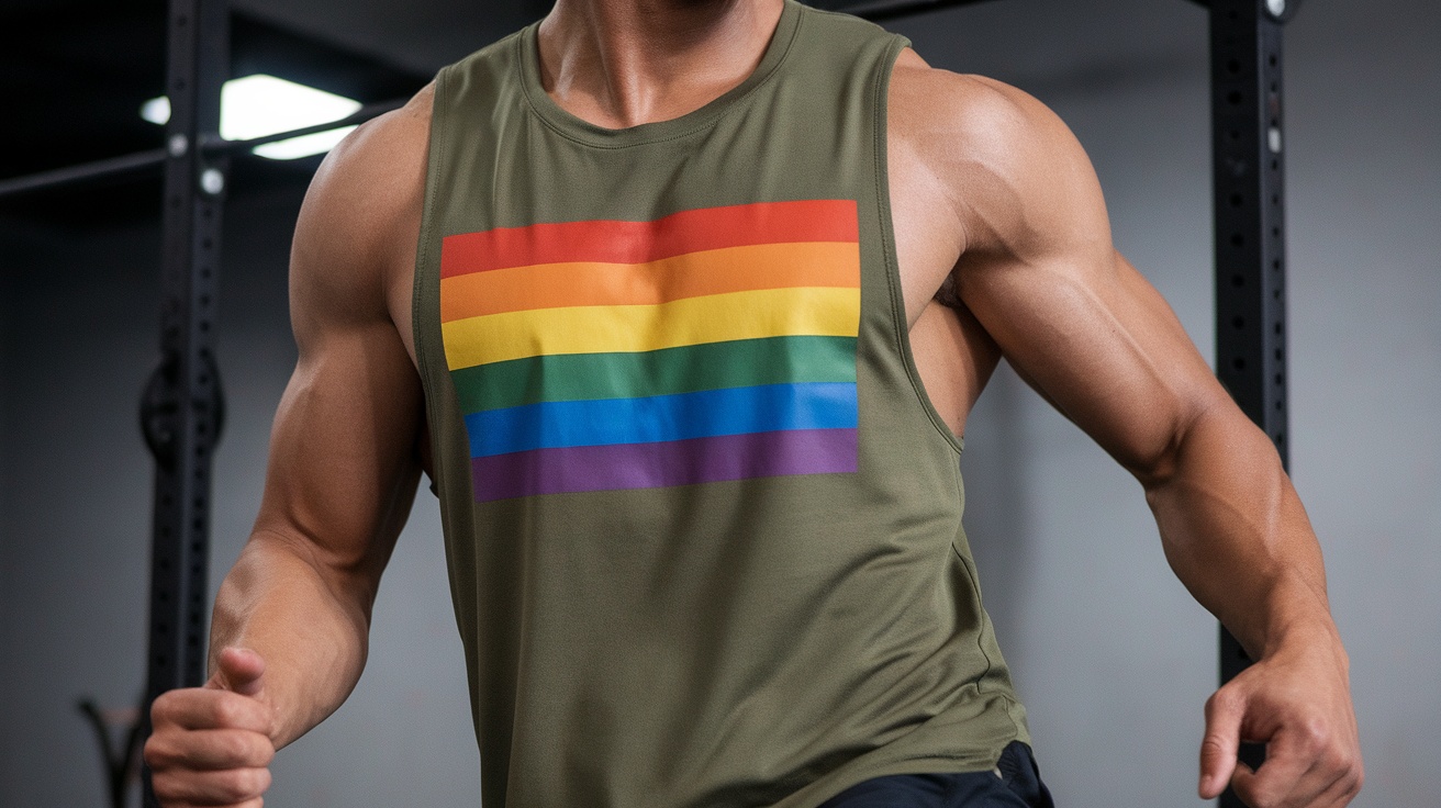 A muscular person wearing a rainbow pride military tank top, showcasing the pride flag colors.