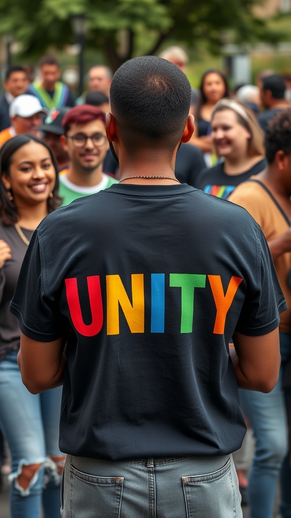 A person wearing a black t-shirt with the word 'UNITY' in colorful letters on the back, surrounded by a diverse group of people.