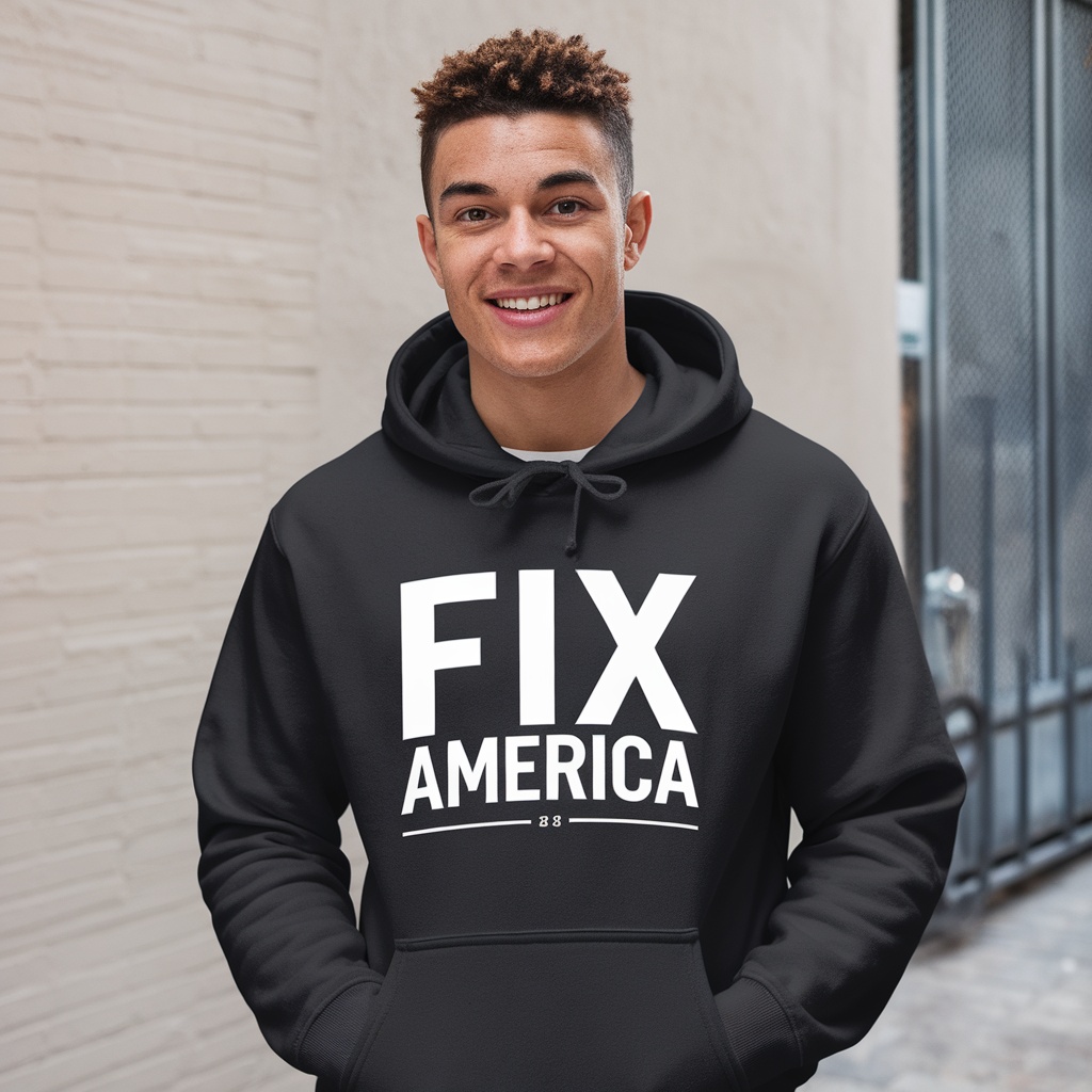 A young person wearing a black hoodie that says 'FIX AMERICA'