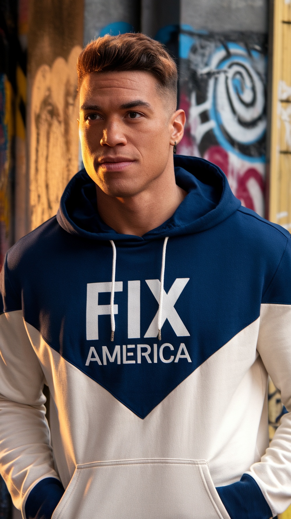 A person wearing a Fix America hoodie standing in front of a colorful graffiti background.