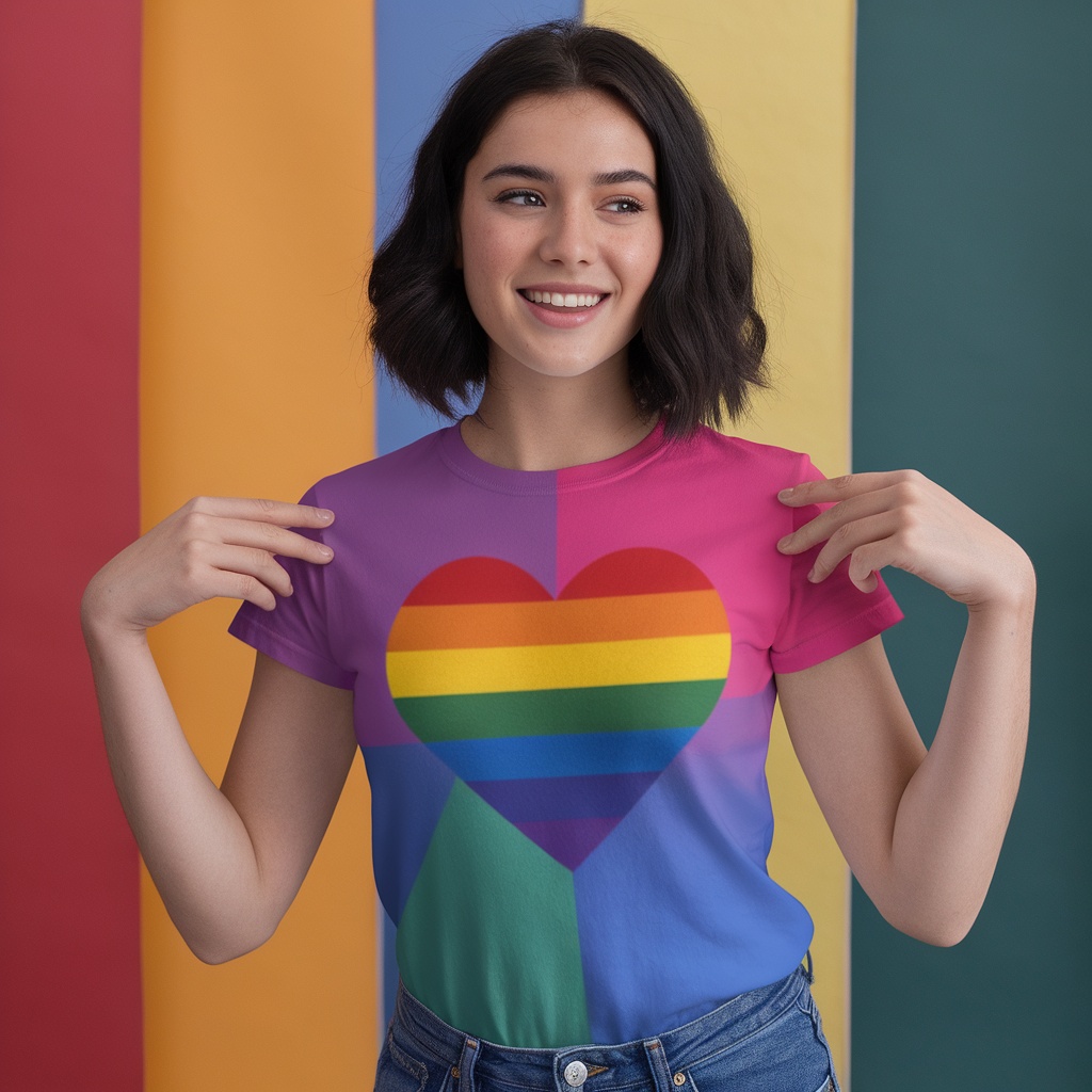 A woman wearing a Lesbian Pride Rainbow Heart T-Shirt, showcasing vibrant colors.
