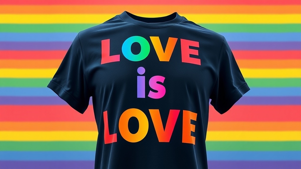 Love Is Love rainbow t-shirt displayed against a colorful background.