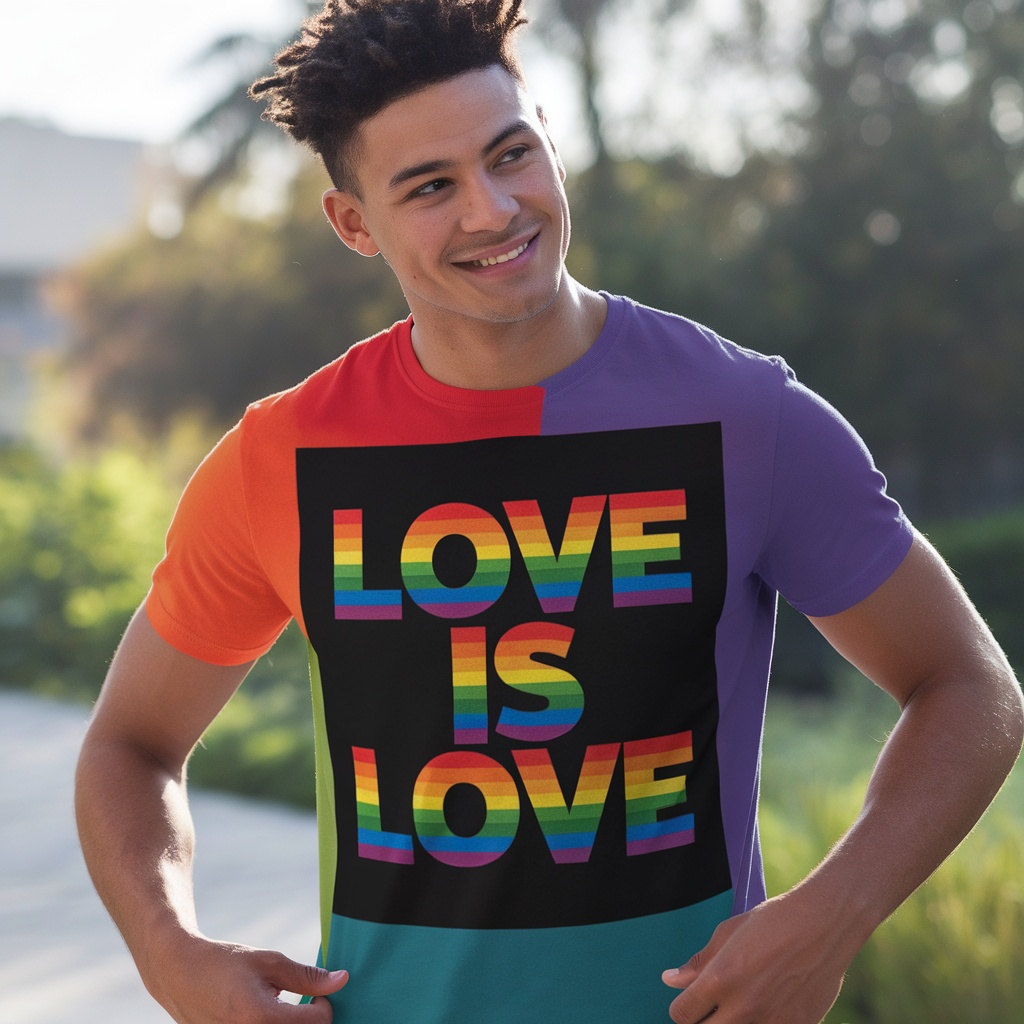 A man wearing a colorful Love Is Love Rainbow T-Shirt