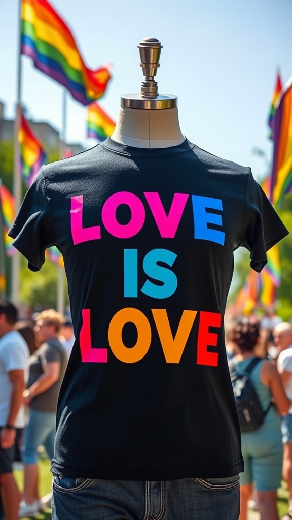 A black t-shirt displayed on a mannequin with the text 'LOVE IS LOVE' in bright colors, set against a backdrop of rainbow flags.
