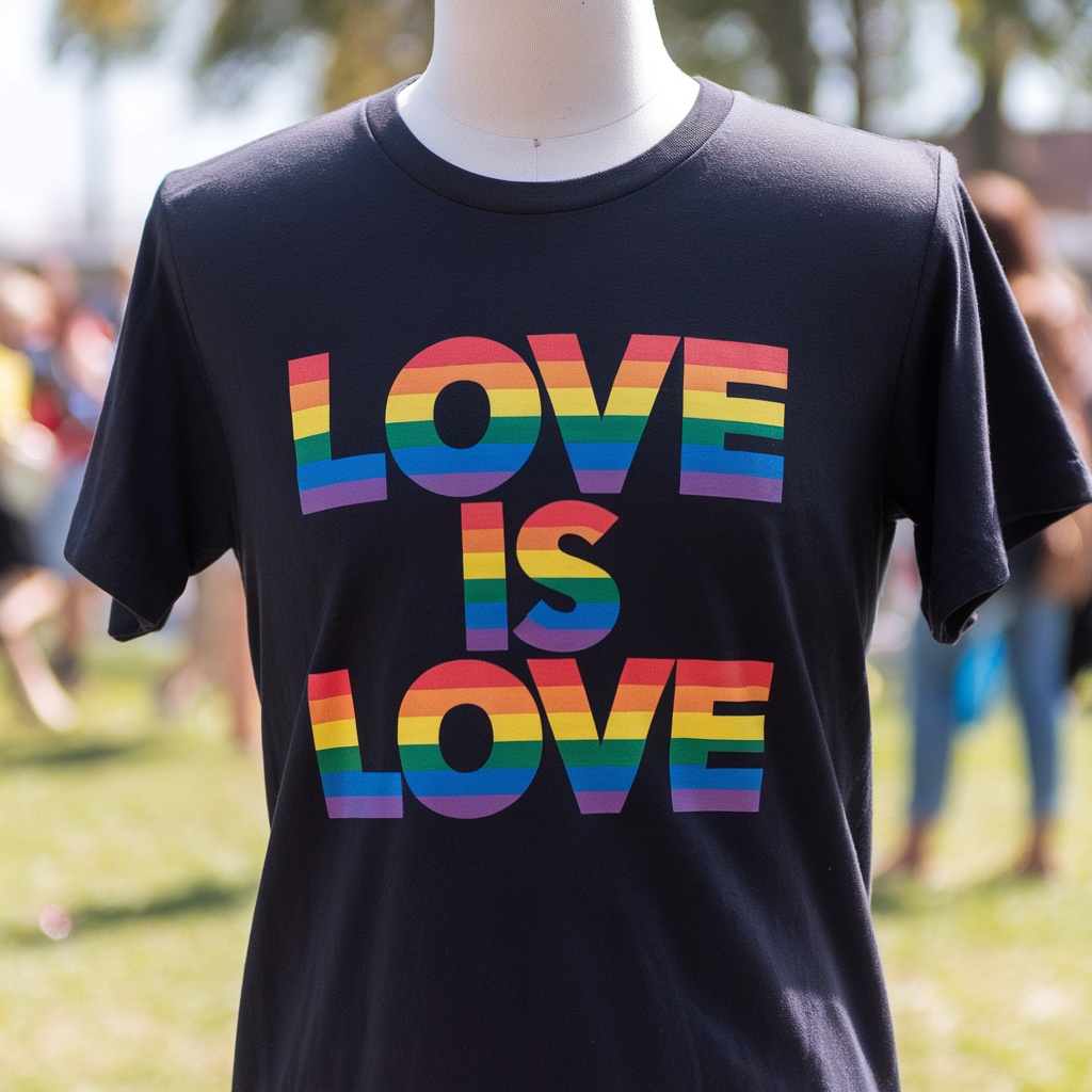 Black t-shirt with rainbow text saying 'Love Is Love'