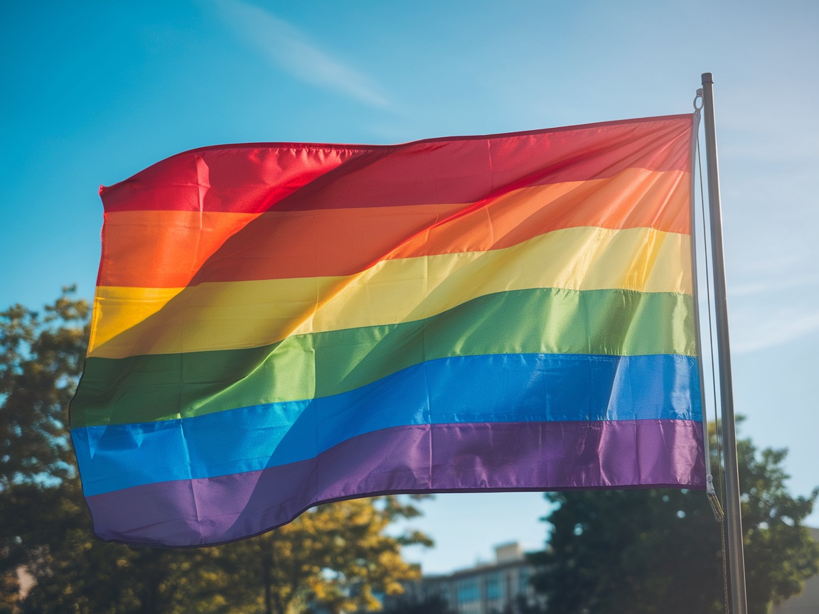 A person smiling with a pride flag, symbolizing love and acceptance.