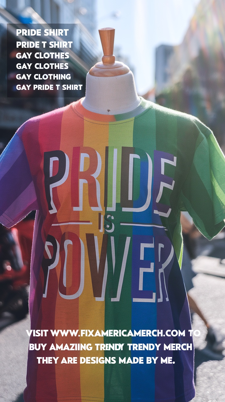 A colorful Pride t-shirt with the text 'PRIDE IS POWER' displayed prominently.