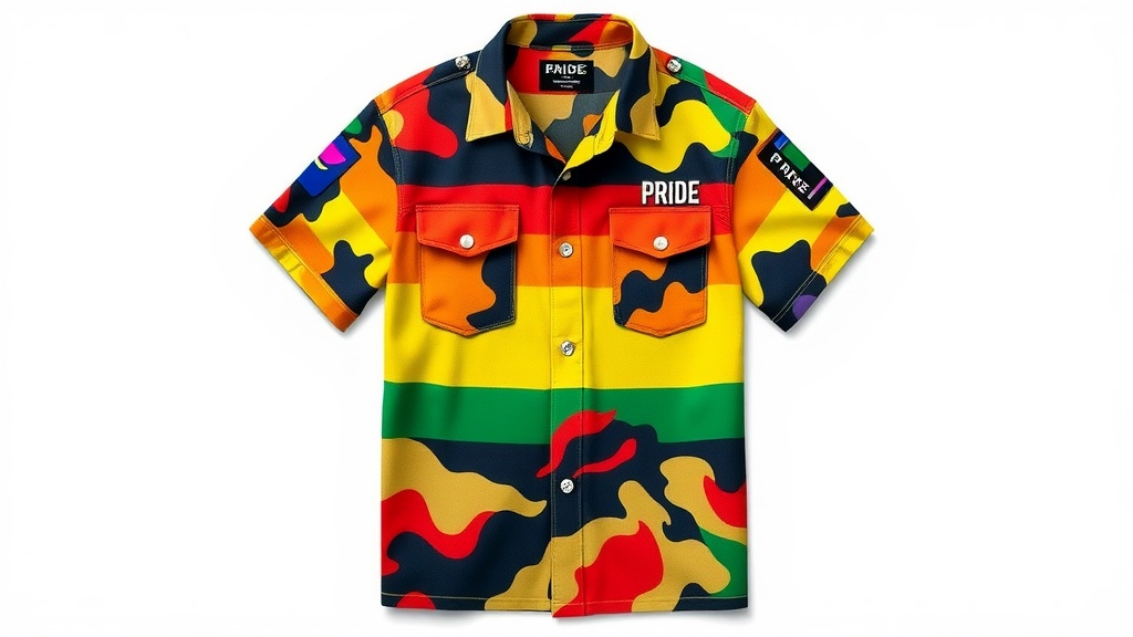 A colorful military-style shirt featuring rainbow stripes, symbolizing LGBTQ+ pride.