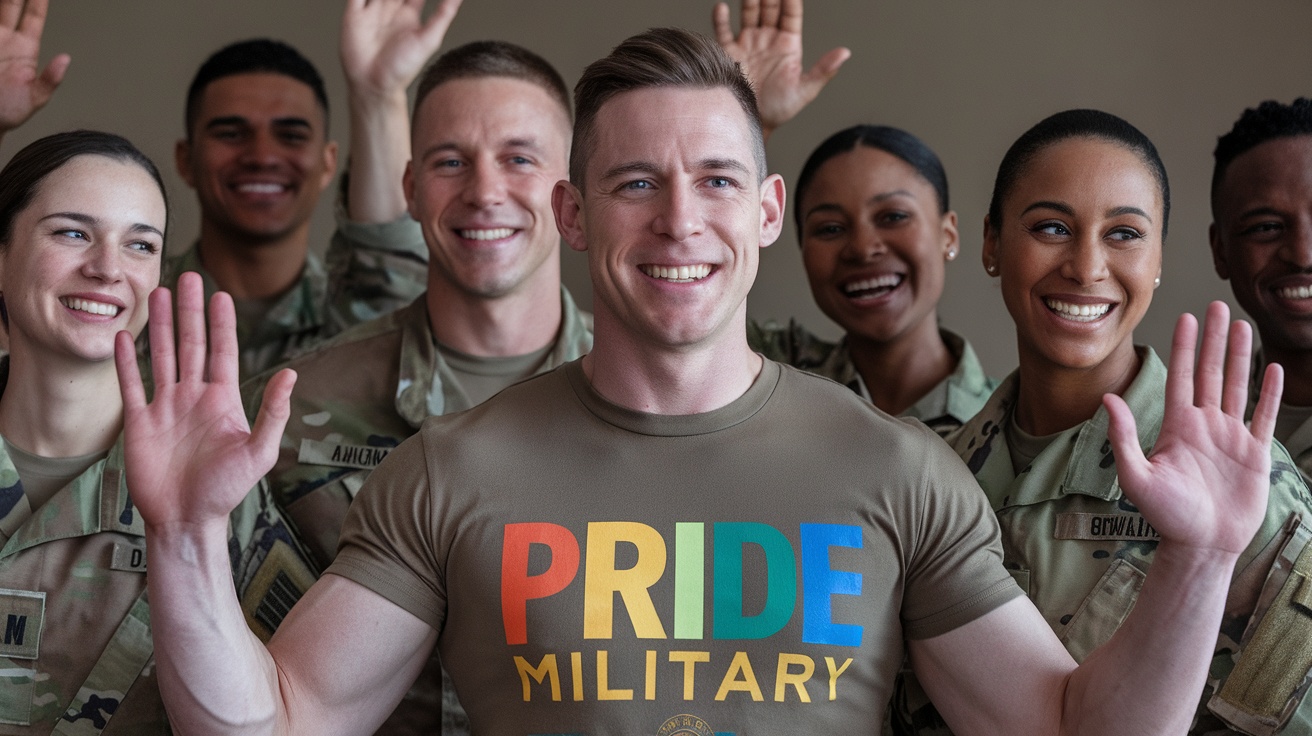 A group of military personnel smiling and waving, with one person wearing a Pride Military T-Shirt.