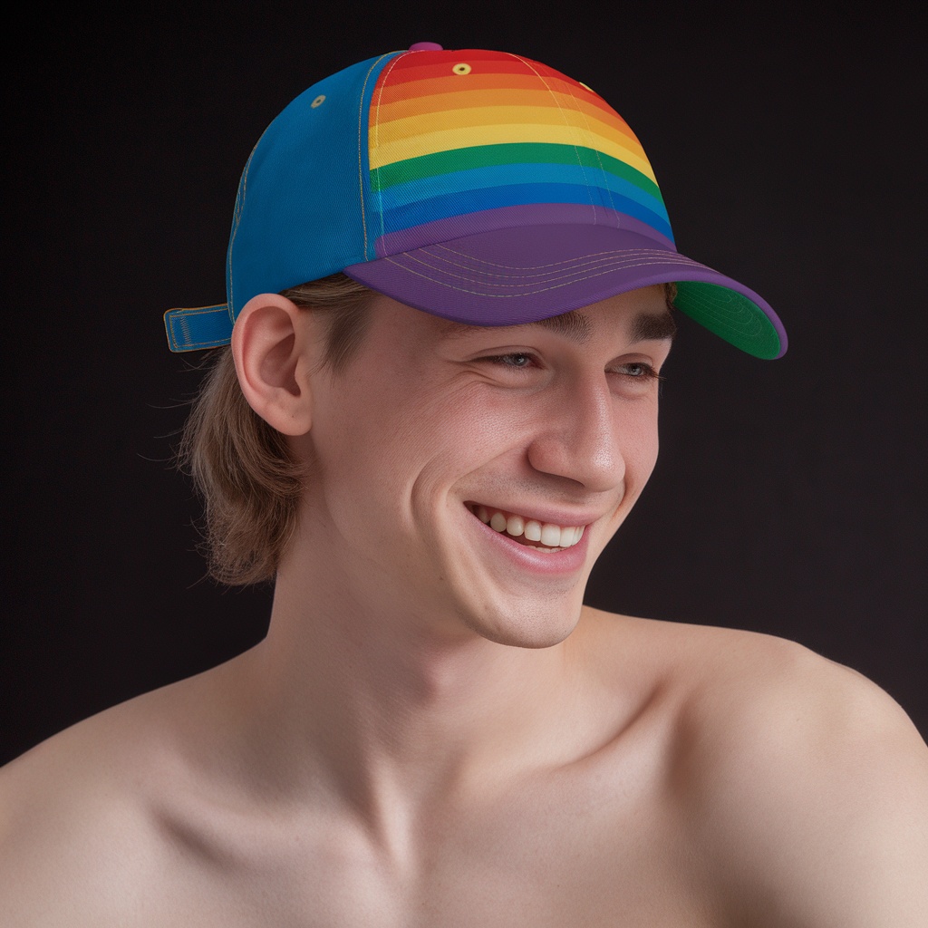 A person smiling while wearing a rainbow baseball cap.
