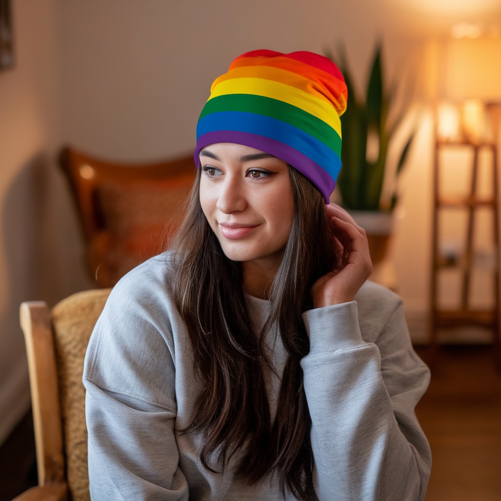 A person wearing a rainbow pride beanie and a sweatshirt, smiling.