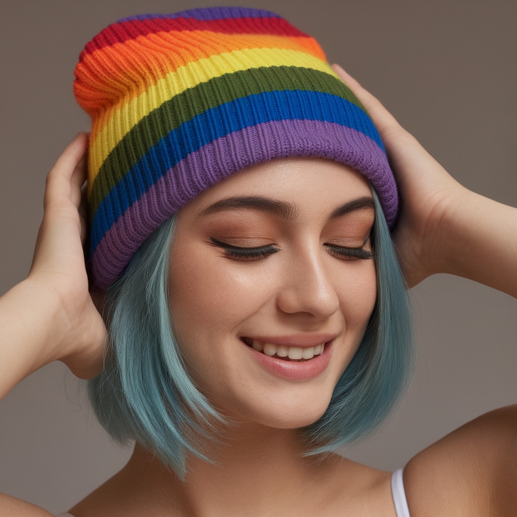 A person wearing a colorful Pride Rainbow Flag beanie, smiling