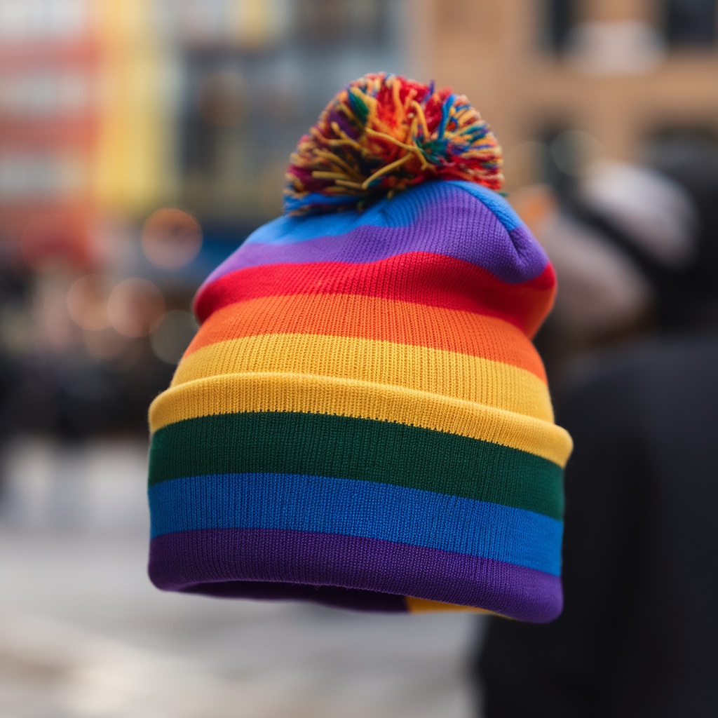 A colorful rainbow beanie with a pom-pom on top, representing LGBTQ pride.