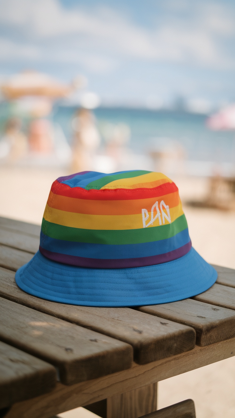 Pride Rainbow Flag Bucket Hat on a wooden table with a beach background
