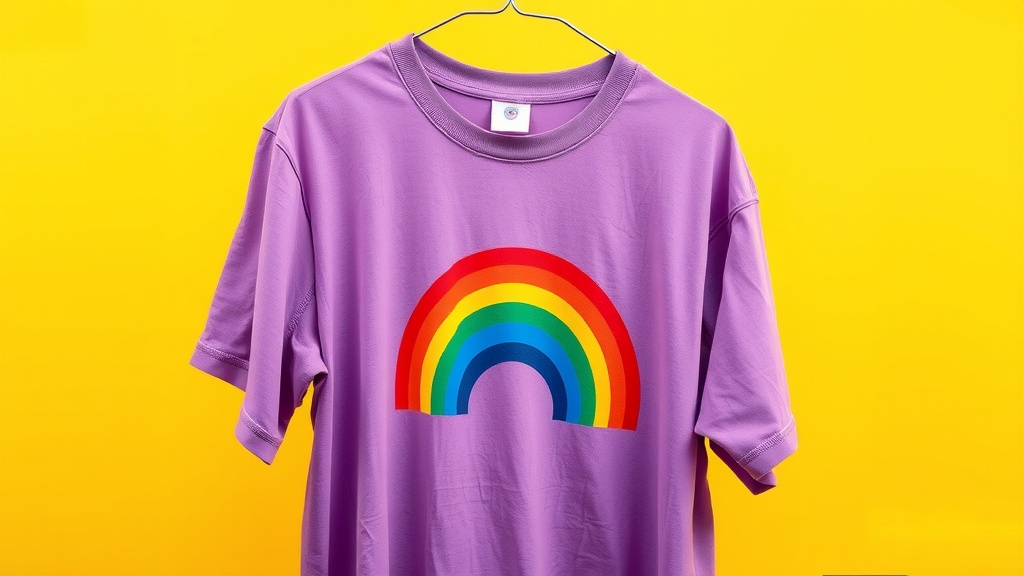 Pride rainbow flag t-shirt hanging against a yellow background