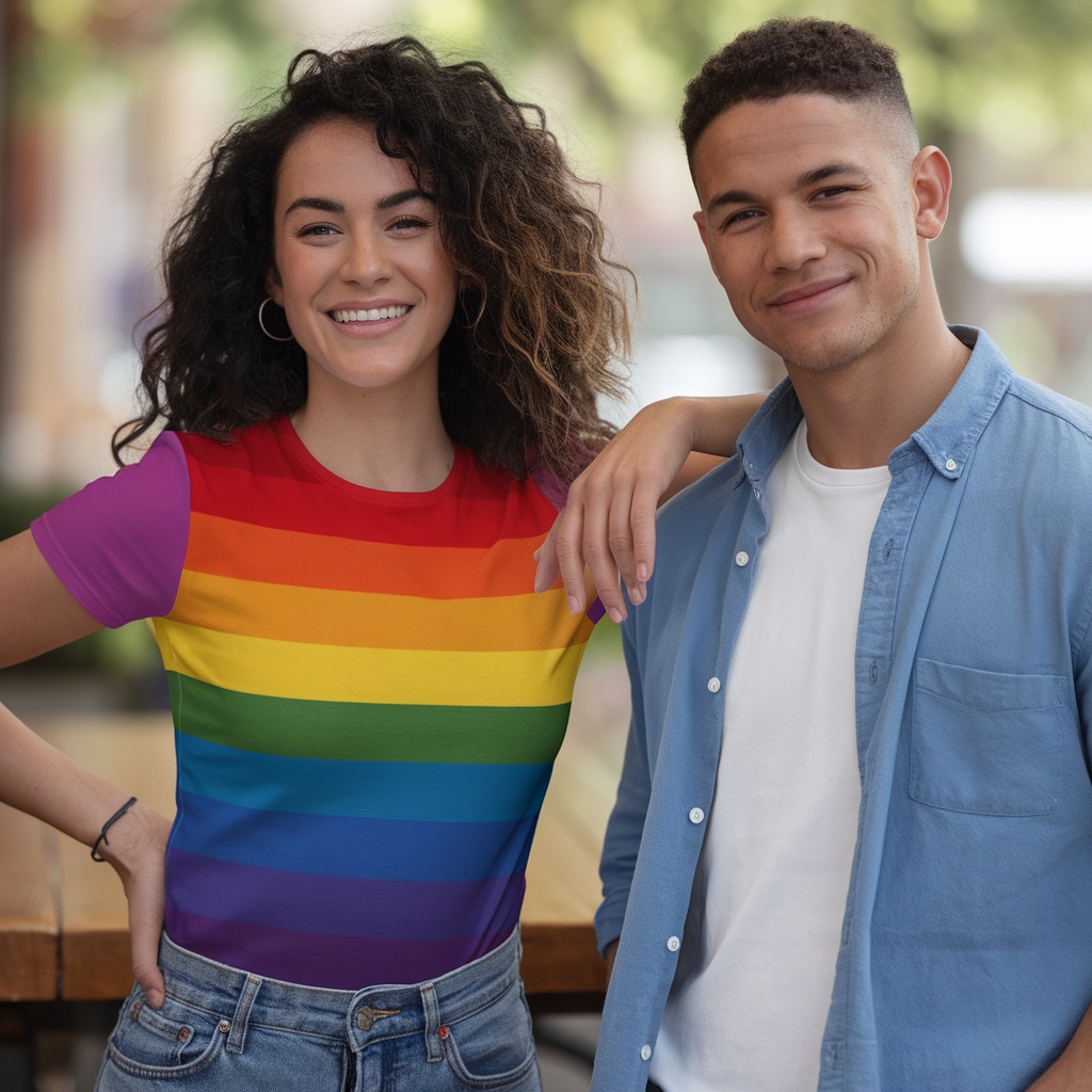 Two people wearing a rainbow pride shirt, smiling outdoors