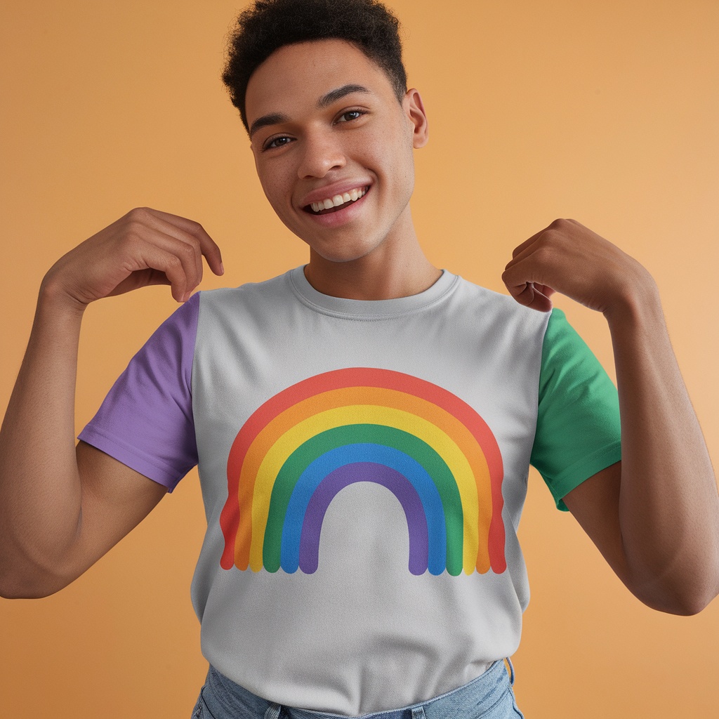 A young man wearing a Pride Rainbow Graphic Tee, smiling and showcasing the colorful design.