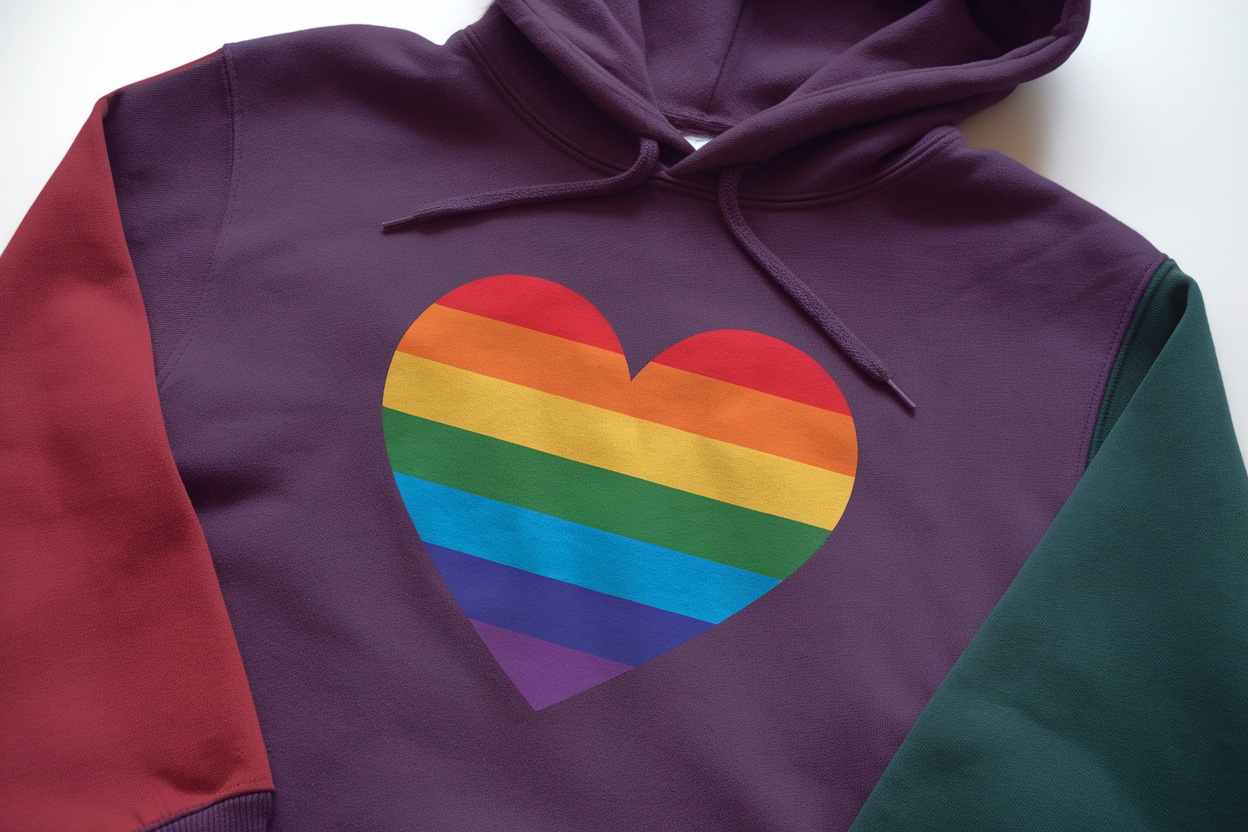Two people wearing Pride Rainbow Heart Hoodies, smiling and showing peace signs.