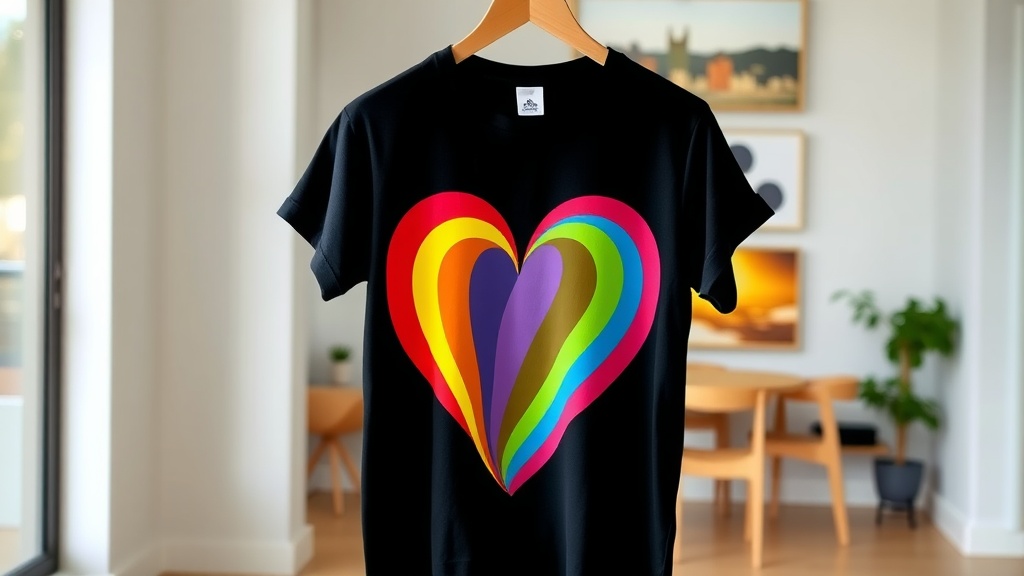A black t-shirt featuring a colorful rainbow heart design.