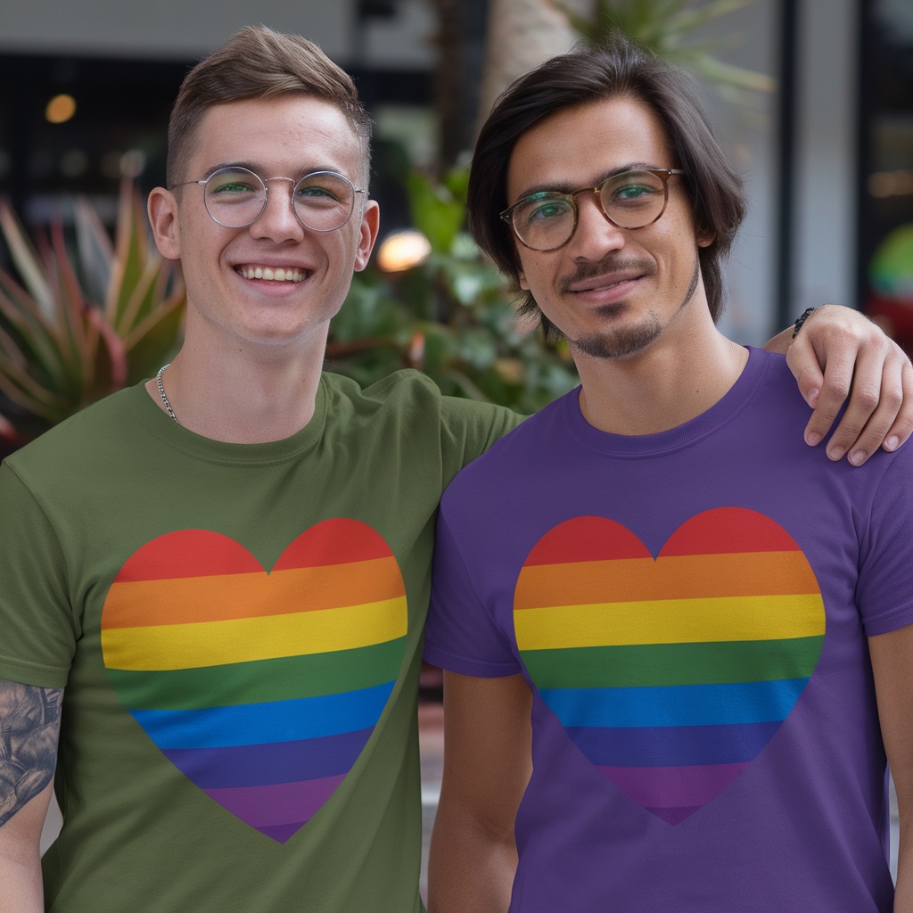 Two friends wearing Pride Rainbow Heart T-Shirts, smiling together.