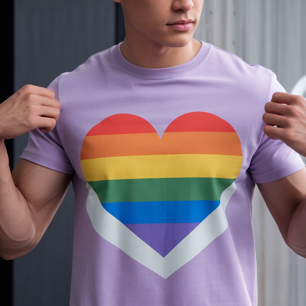 A person wearing a lavender t-shirt with a rainbow heart design.