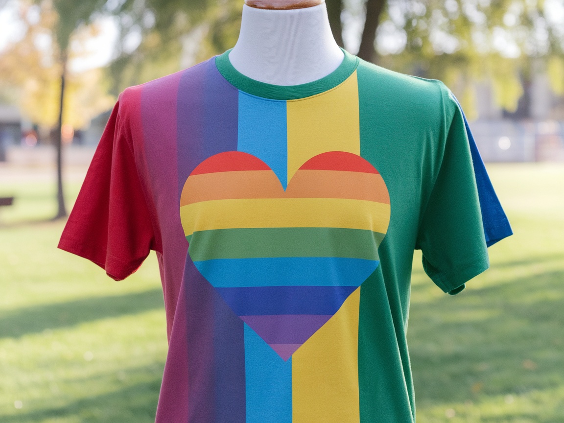 A mannequin wearing a Pride Rainbow Heart T-Shirt with colorful heart design.