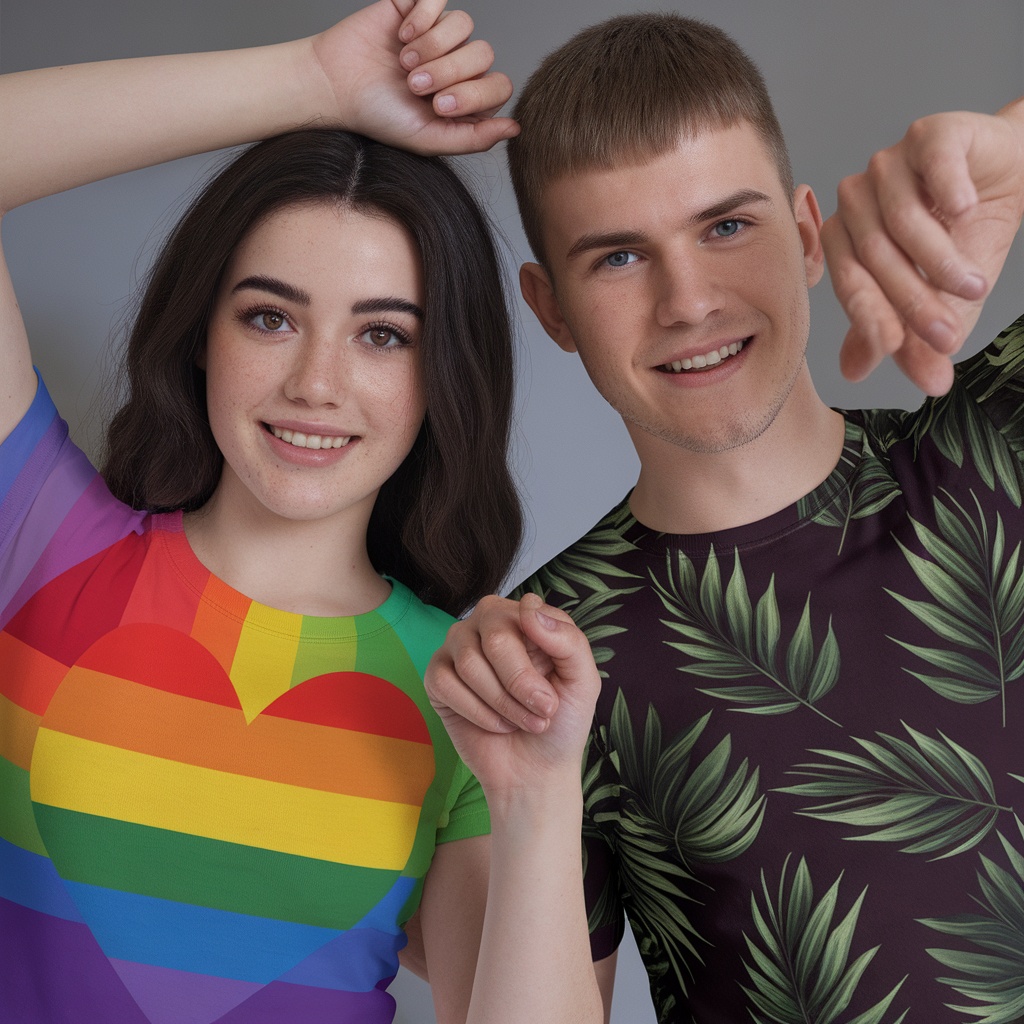 Two young individuals wearing colorful shirts, one in a Pride Rainbow Heart T-Shirt and the other in a leafy design.