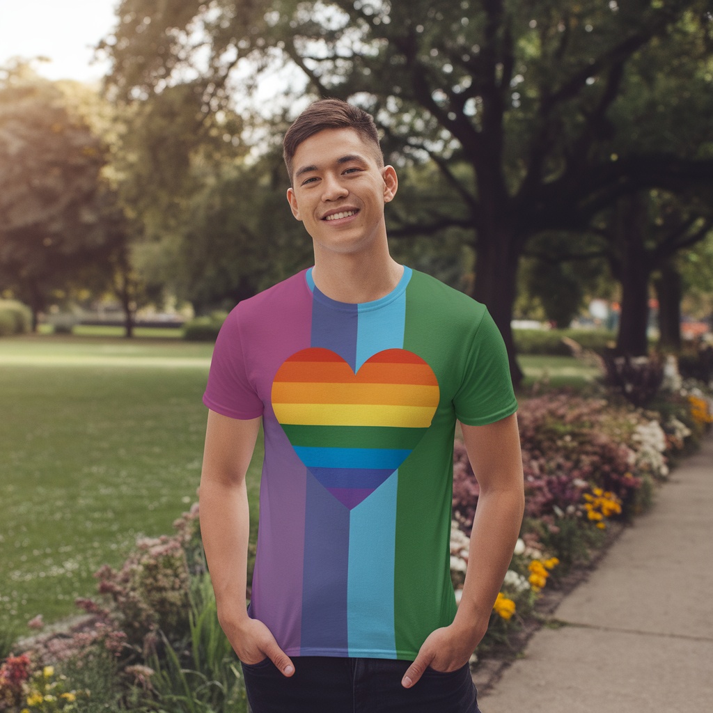 A smiling man wearing a colorful Pride Rainbow Heart T-Shirt in a park