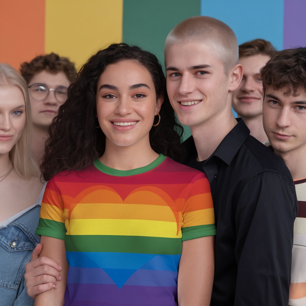 A group of people wearing colorful Pride shirts, smiling and posing together.