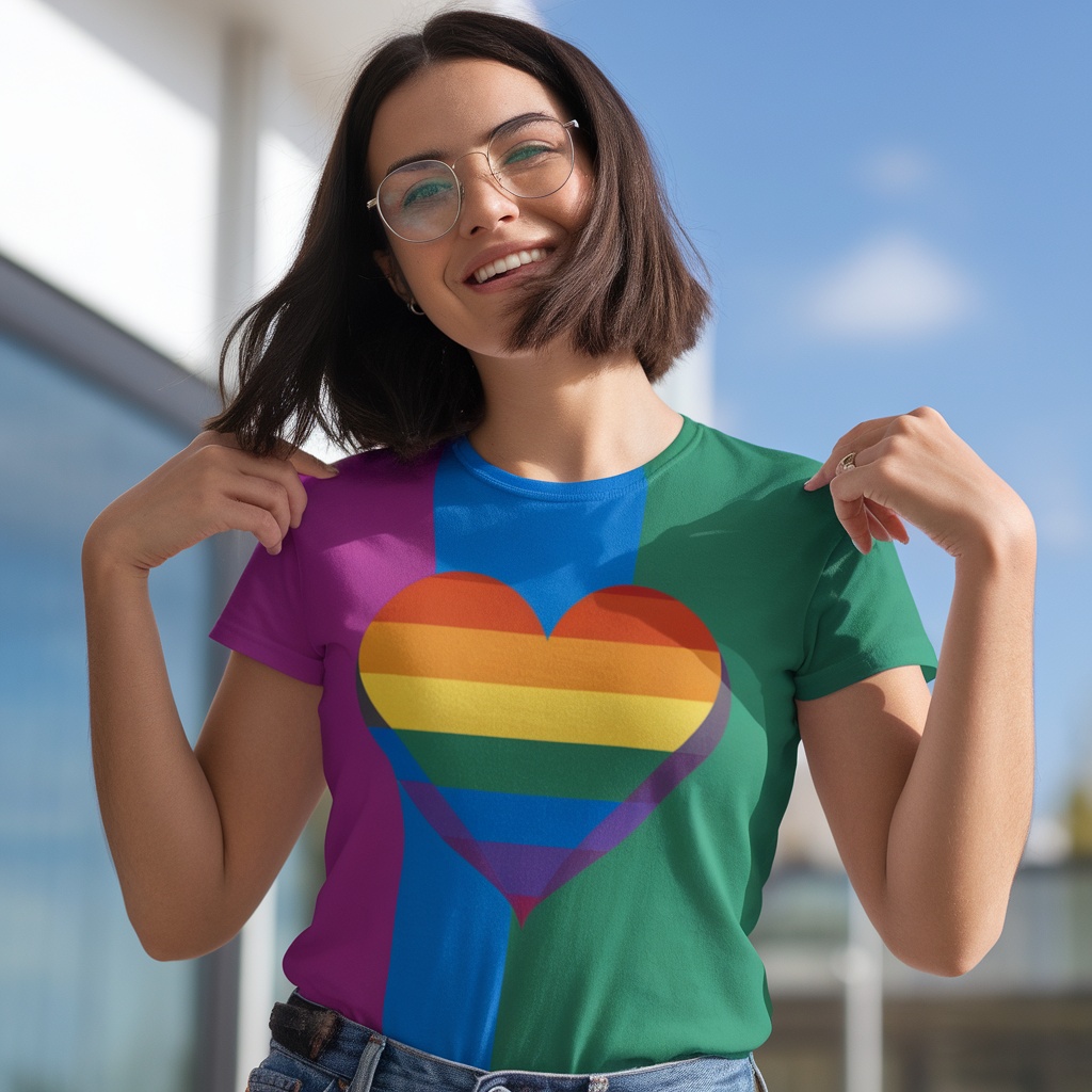 A person wearing a colorful Pride Rainbow Heart T-Shirt, smiling with a bright outdoor background.