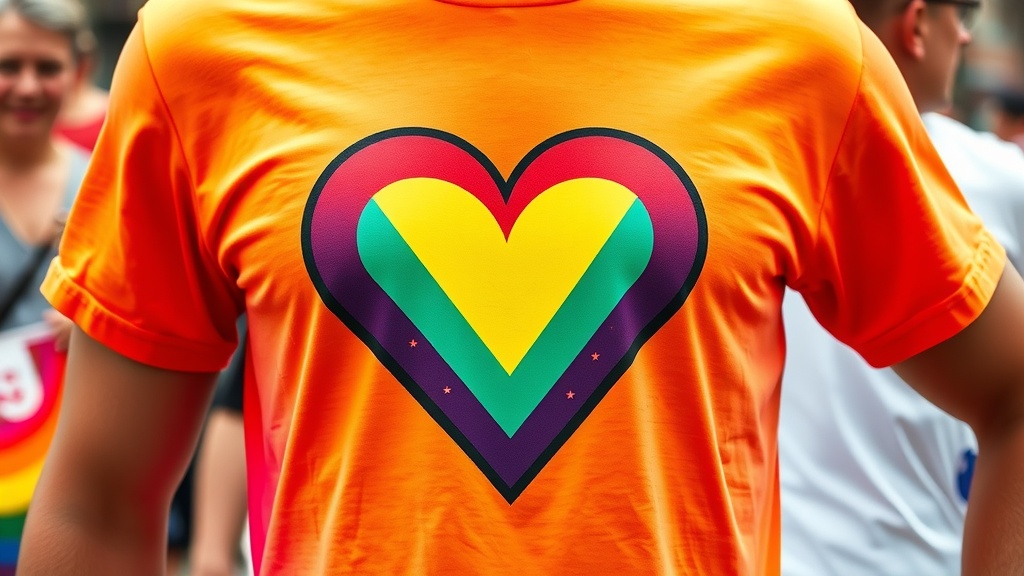 Pride Rainbow Heart T-Shirt worn by a person at a pride event
