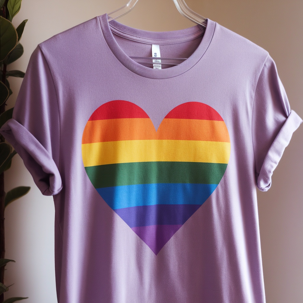 Pride Rainbow Heart T-Shirt in lavender with a colorful heart design