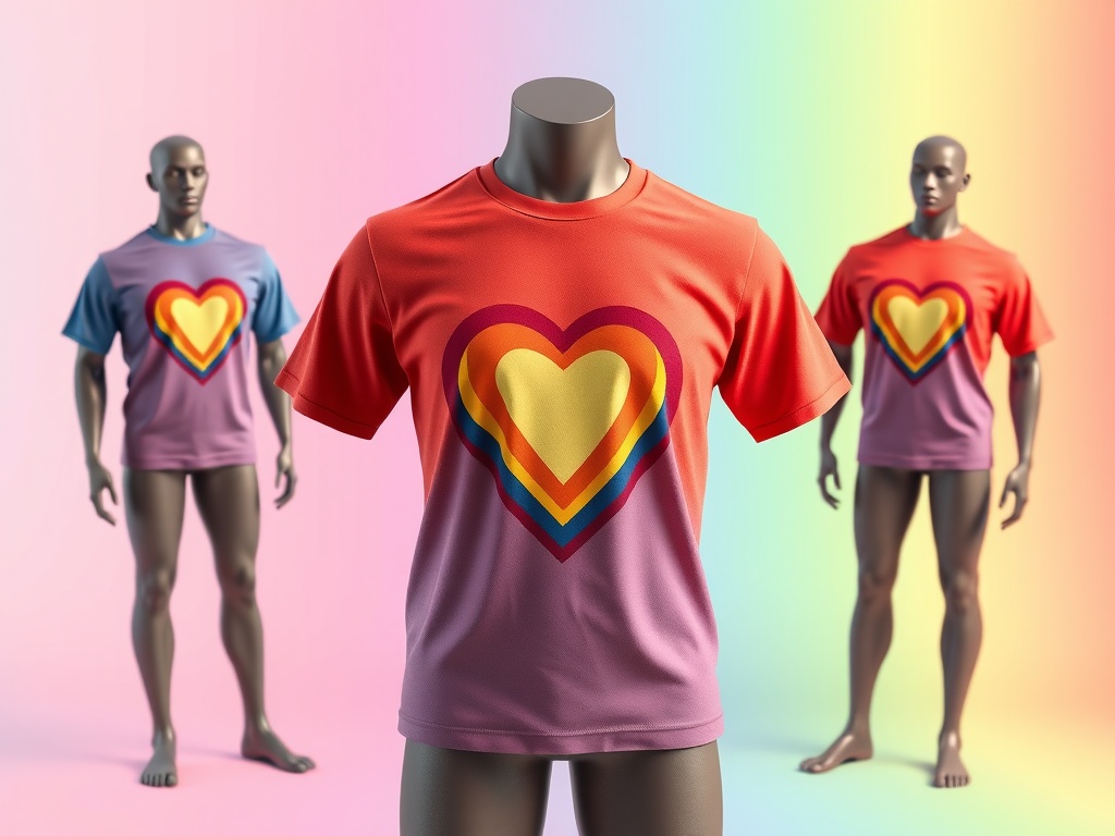 A group of diverse individuals wearing colorful Pride Rainbow Heart T-Shirts, smiling and showing support.