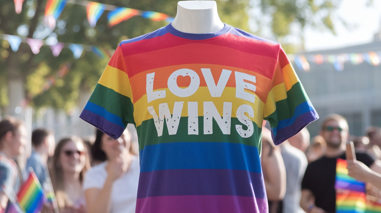 A colorful pride t-shirt displayed in a park setting with pride flags