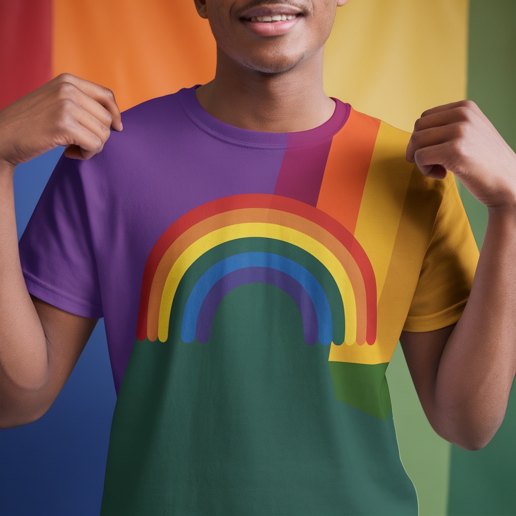 A person wearing a colorful Pride Rainbow T-Shirt, smiling and showcasing the design.