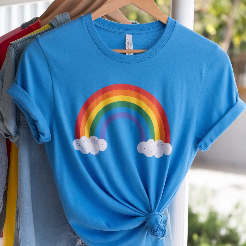 A blue t-shirt featuring a colorful rainbow design with clouds.
