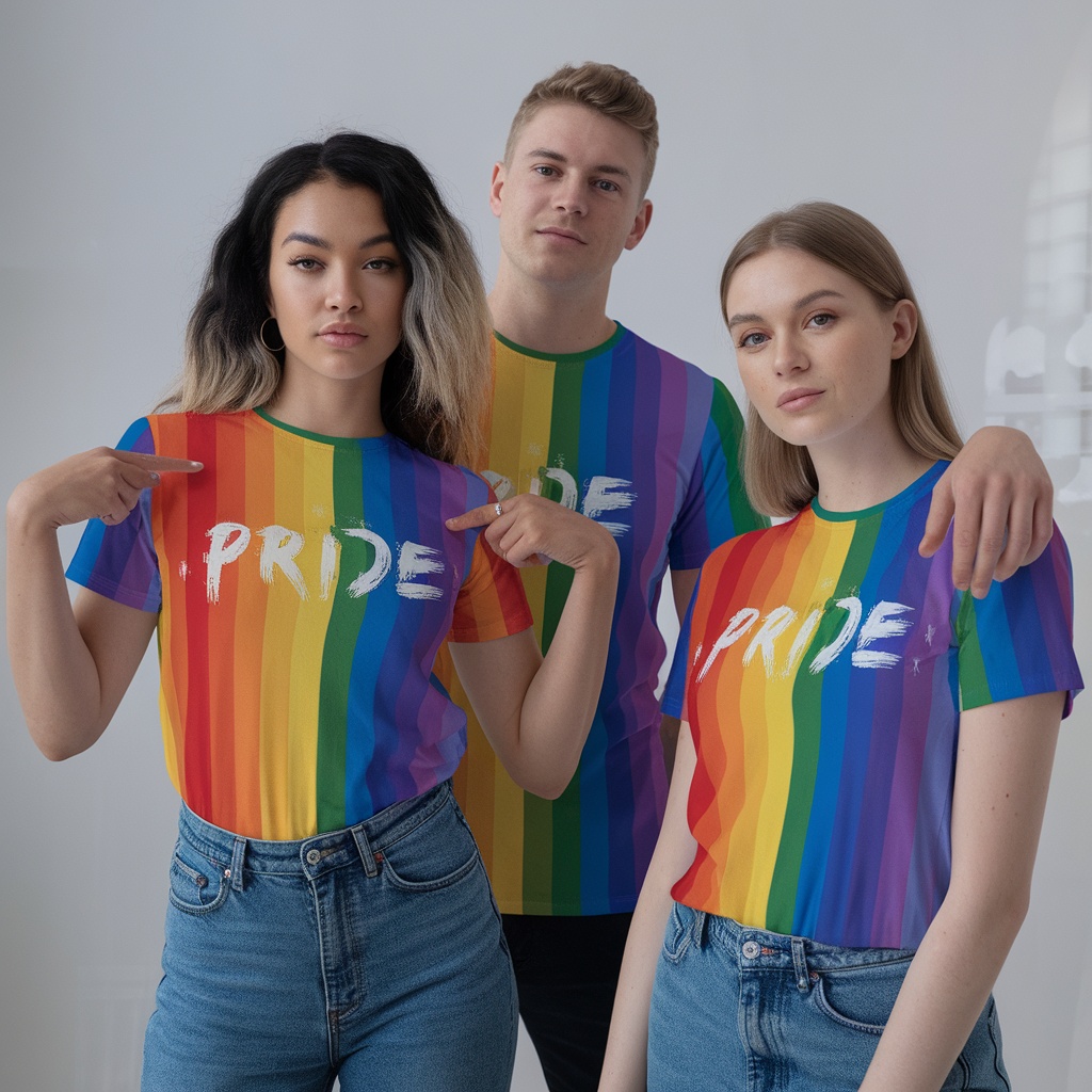 Three models showcasing colorful Pride Rainbow T-Shirts