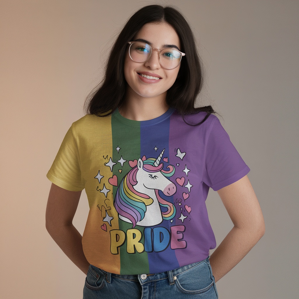 A happy person wearing a colorful Pride Rainbow Unicorn T-Shirt, featuring a unicorn with a rainbow mane and the word 'PRIDE'.